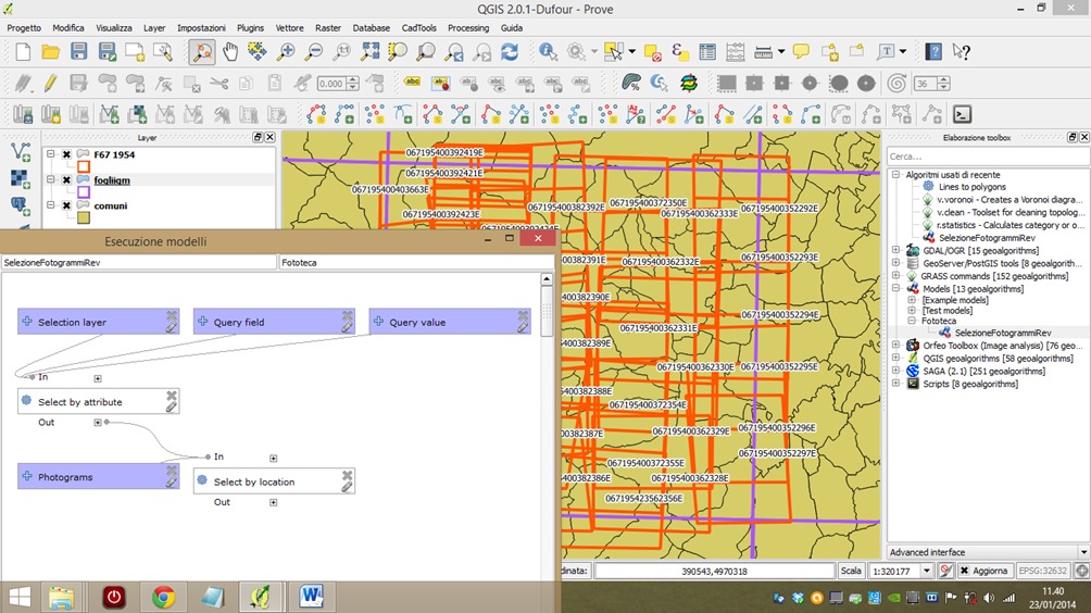 Graphic modeler scheme used in the selection tool (in background: purple polygons-map sheets; labeled orange polygons-photogram footprints; brown polygons-municipalities administrative borders)