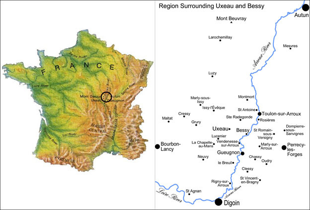 La nostra area di ricerca nel sud della Borgogna, in Francia. Questa ricerca è stata effettuata in tutto il comune di Uxeau, mostrato a centro destra.