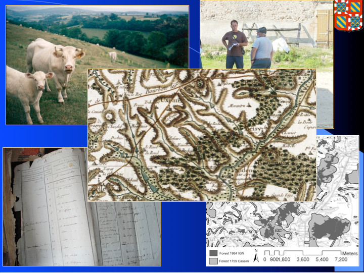 左上から時計回りに：ローカルシャロレー種のいくつか、地元農家と民族誌のインタビュー中、1759年から1983年への森林の変化を示すGIS地図、および1791年のUxeauの地籍納税記録の本。中心はこの地域の1759年の色付カッシーニの地図です。