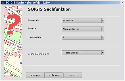 Plug-in "SO!GIS Suche" onywikkeld bij het Canton van Solothurn