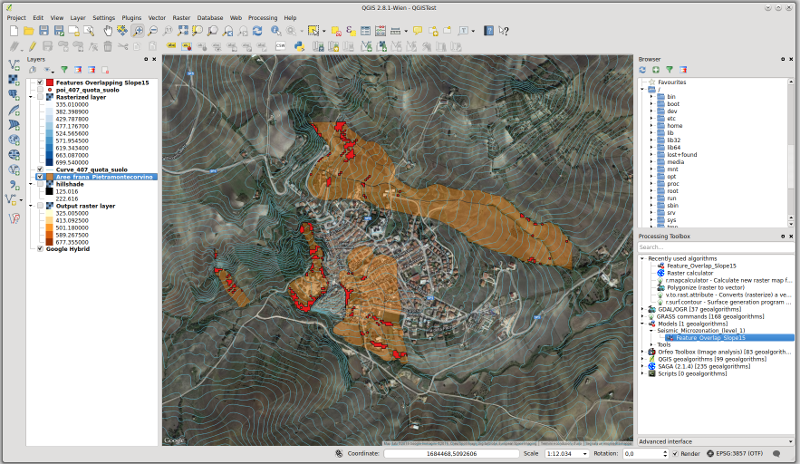 The model output (in red) shows highly unstable areas extracted from a landslides layer (orange)