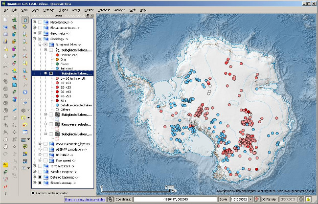 Captura de ecrã do Quantarctica, mostrando um dos conjuntos de dados dos lagos subglaciares.
