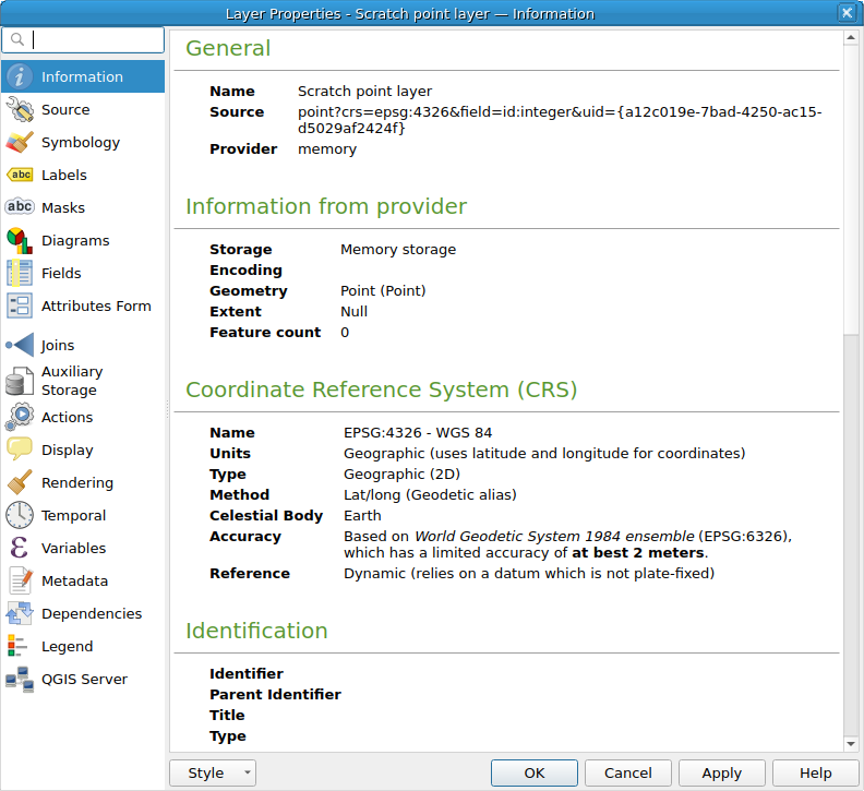 QgsVectorLayerProperties showing the 'Information' page