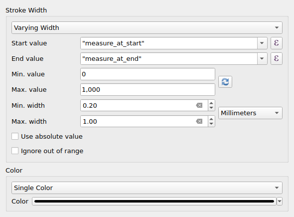 QgsInterpolatedLineSymbolLayerWidget showing variable line width