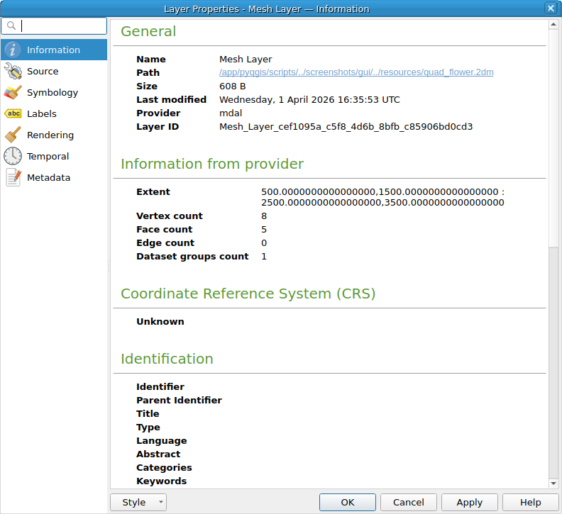 QgsMeshLayerProperties showing the 'Information' page