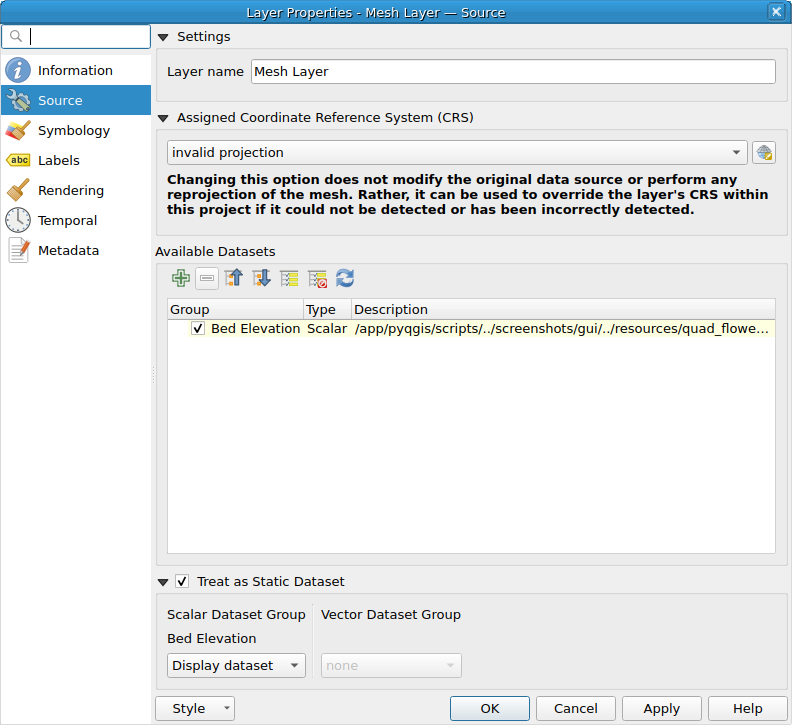 QgsMeshLayerProperties showing the 'Source' page