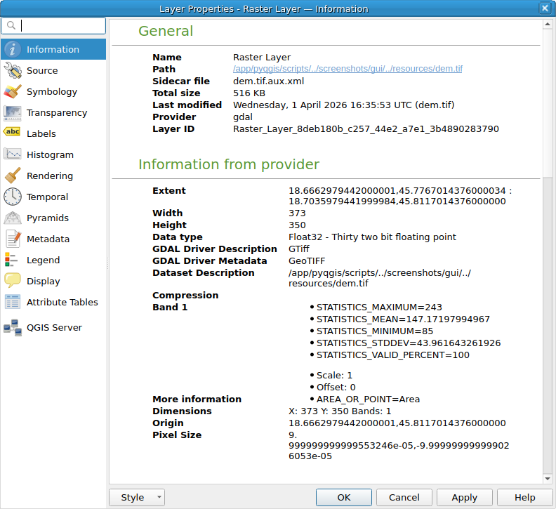 QgsRasterLayerProperties showing the 'Information' page