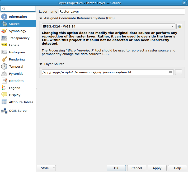 QgsRasterLayerProperties showing the 'Source' page