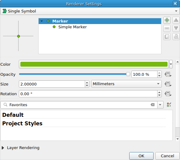 QgsRendererPropertiesDialog showing a QgsSingleSymbolRenderer in the default (dialog) mode