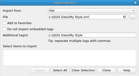 QgsStyleExportImportDialog showing the import mode