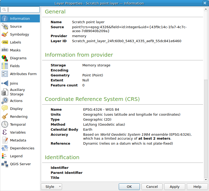 QgsVectorLayerProperties showing the 'Information' page