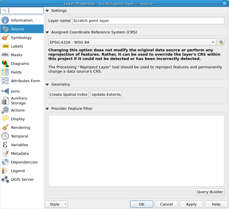 QgsVectorLayerProperties showing the 'Source' page