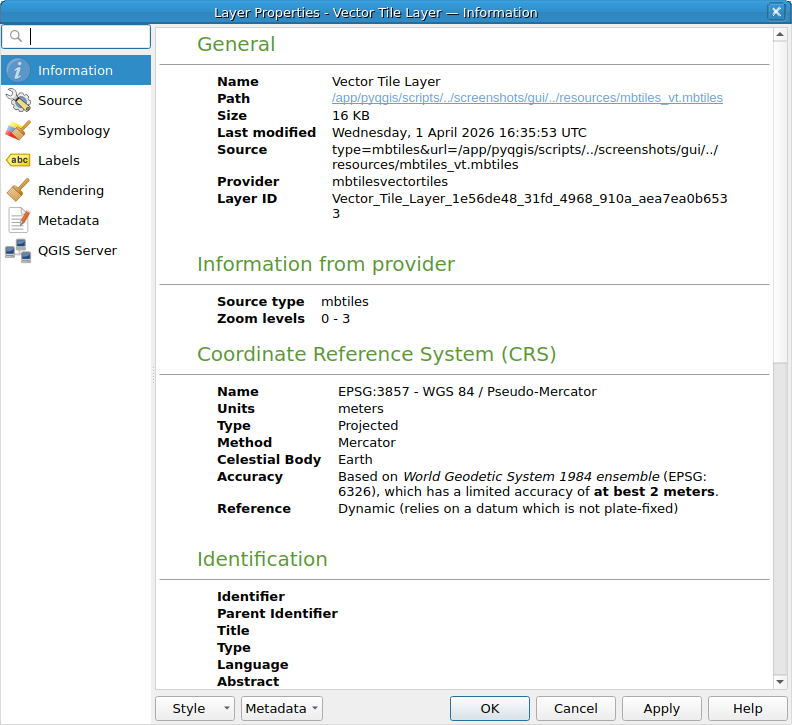 QgsVectorTileLayerProperties showing the 'Information' page